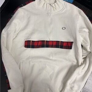 Men's White Half-Zip Sweater with Red Plaid Trim